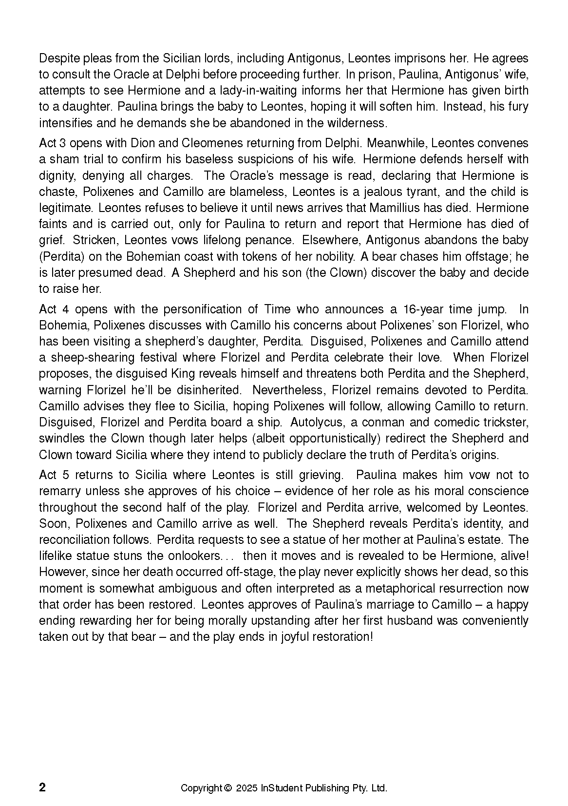 Text guide for The Winter's Tale by William Shakespeare by ATAR Notes, showing a page with plot summary for Acts 3, 4, and 5 and copyright details.