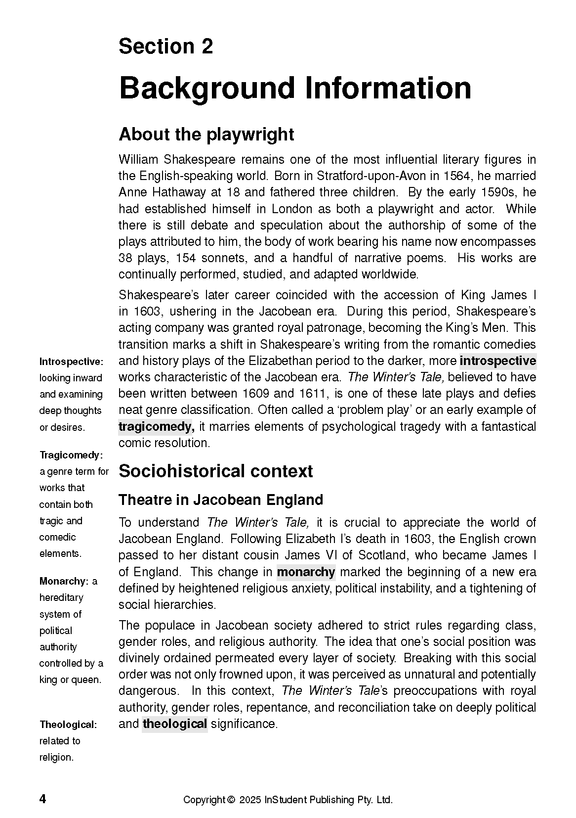 Interior page from ATAR Notes Text Guide featuring "Background Information" and "Sociohistorical context" for "The Winter's Tale".