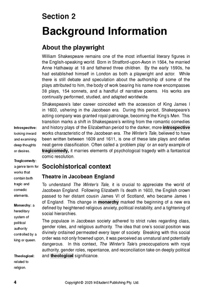 Interior page from ATAR Notes Text Guide featuring "Background Information" and "Sociohistorical context" for "The Winter's Tale".