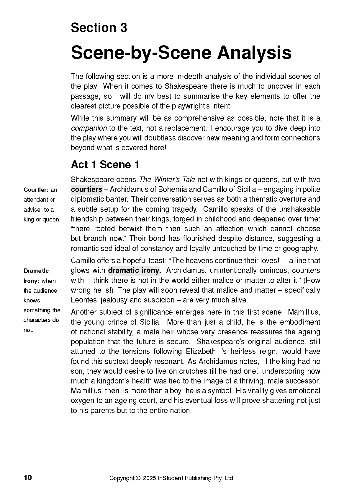 Text Guide page by ATAR Notes, white, showing analysis of The Winter's Tale Act 1 Scene 1 and literary definitions.