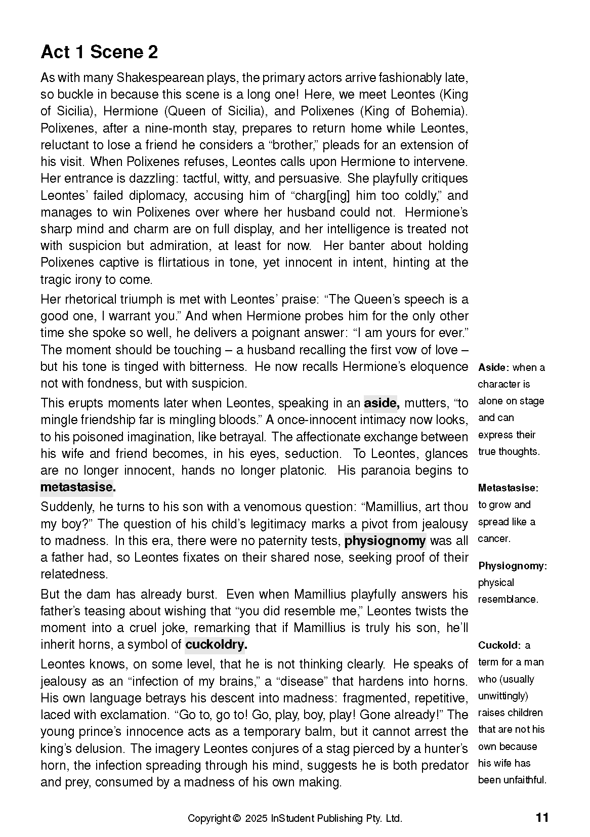 Text Guide by ATAR Notes displaying content from Act 1 Scene 2 with highlighted literary definitions.