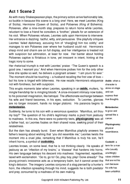 Text Guide by ATAR Notes displaying content from Act 1 Scene 2 with highlighted literary definitions.