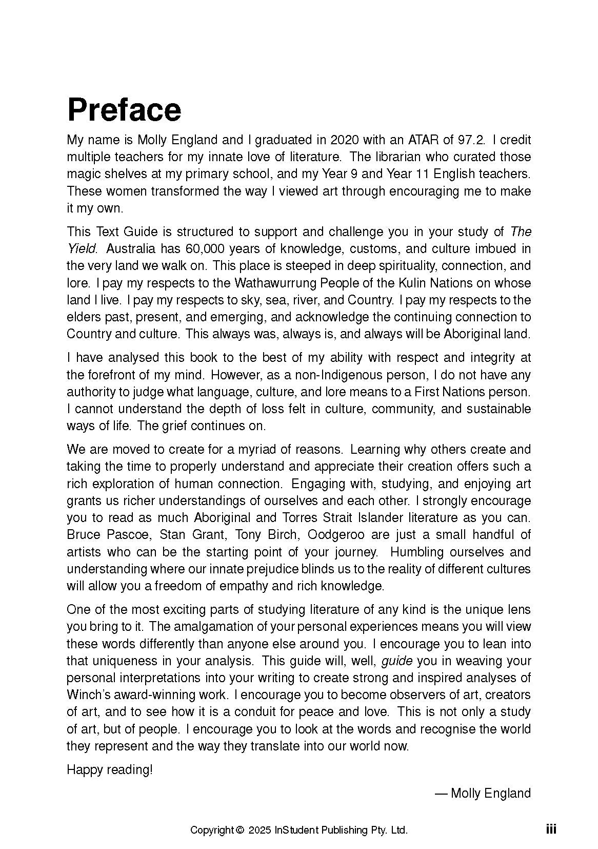 Printed Text Guide from InStudent Publishing Pty. Ltd., displaying a 'Preface' with text about The Yield by Tara June Winch.