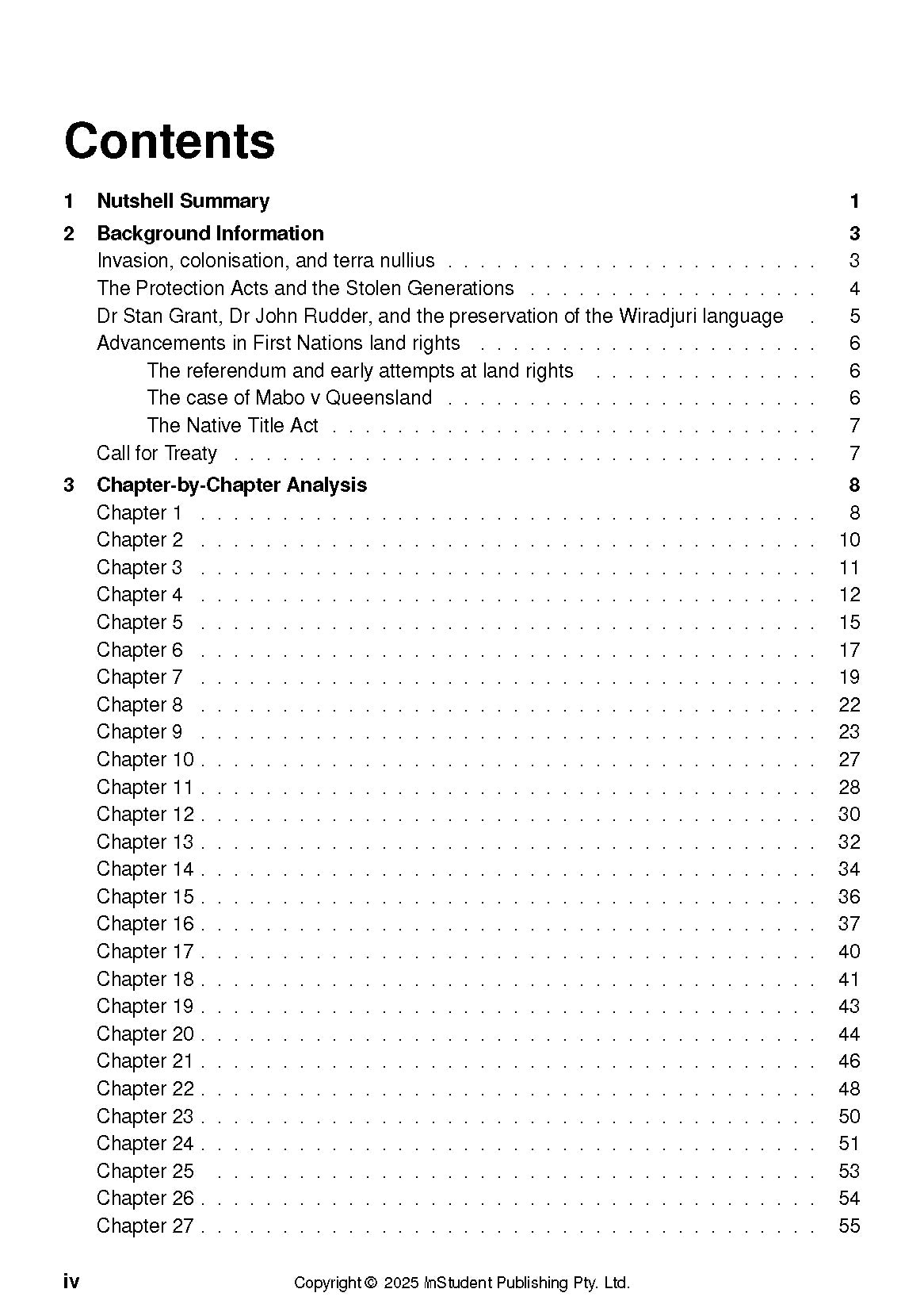 Text guide contents page from InStudent Publishing Pty. Ltd. displaying numbered sections, chapter titles, and page numbers.