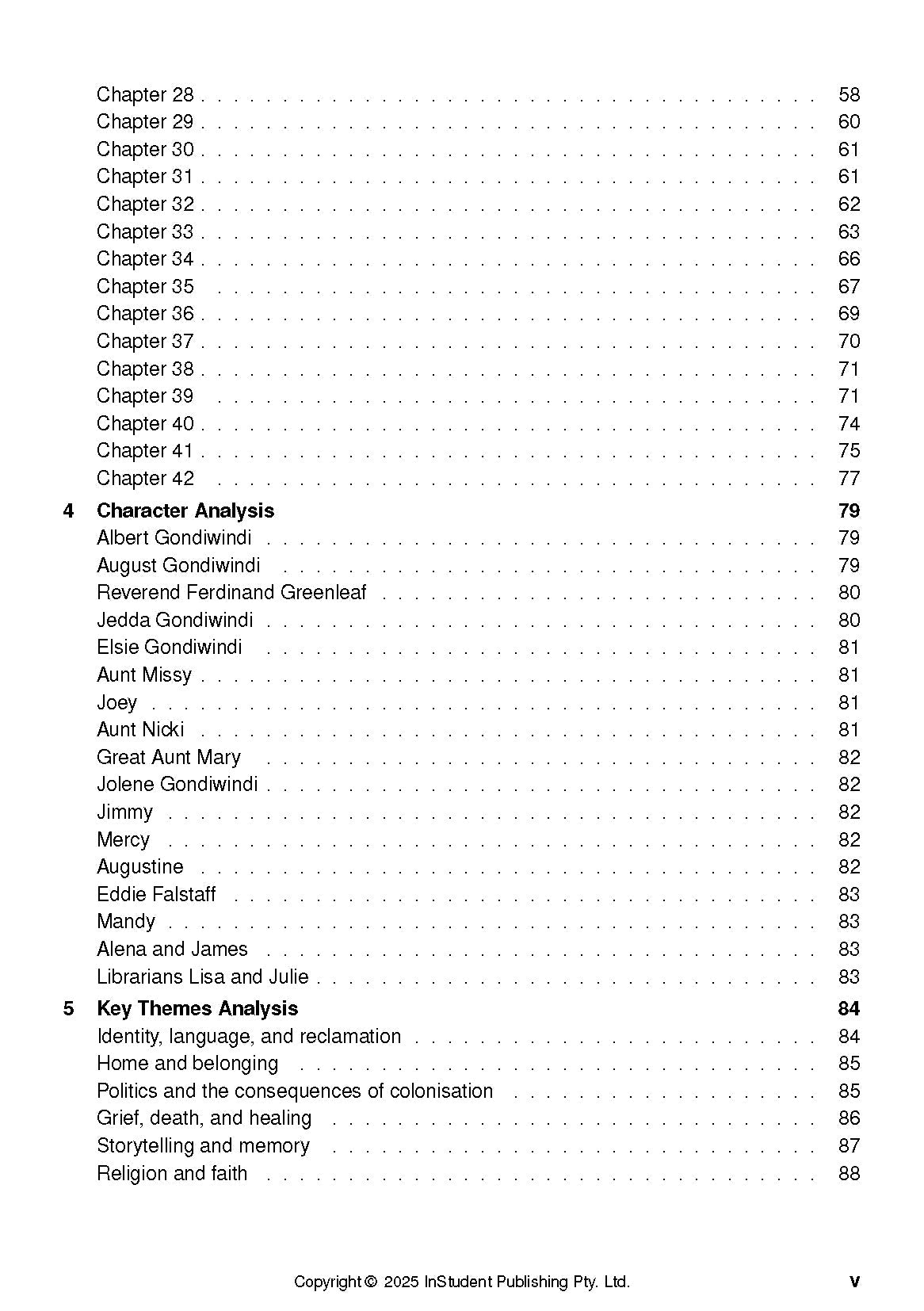 Text Guide showing a table of contents page with chapter listings, character analysis, and key themes sections, along with page numbers.