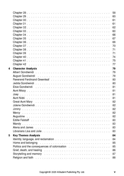 Text Guide showing a table of contents page with chapter listings, character analysis, and key themes sections, along with page numbers.
