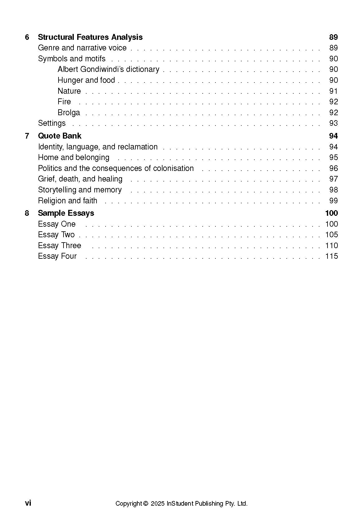 Text Guide table of contents for The Yield by Tara June Winch from InStudent Publishing Pty. Ltd., displaying headings, page numbers, and copyright.