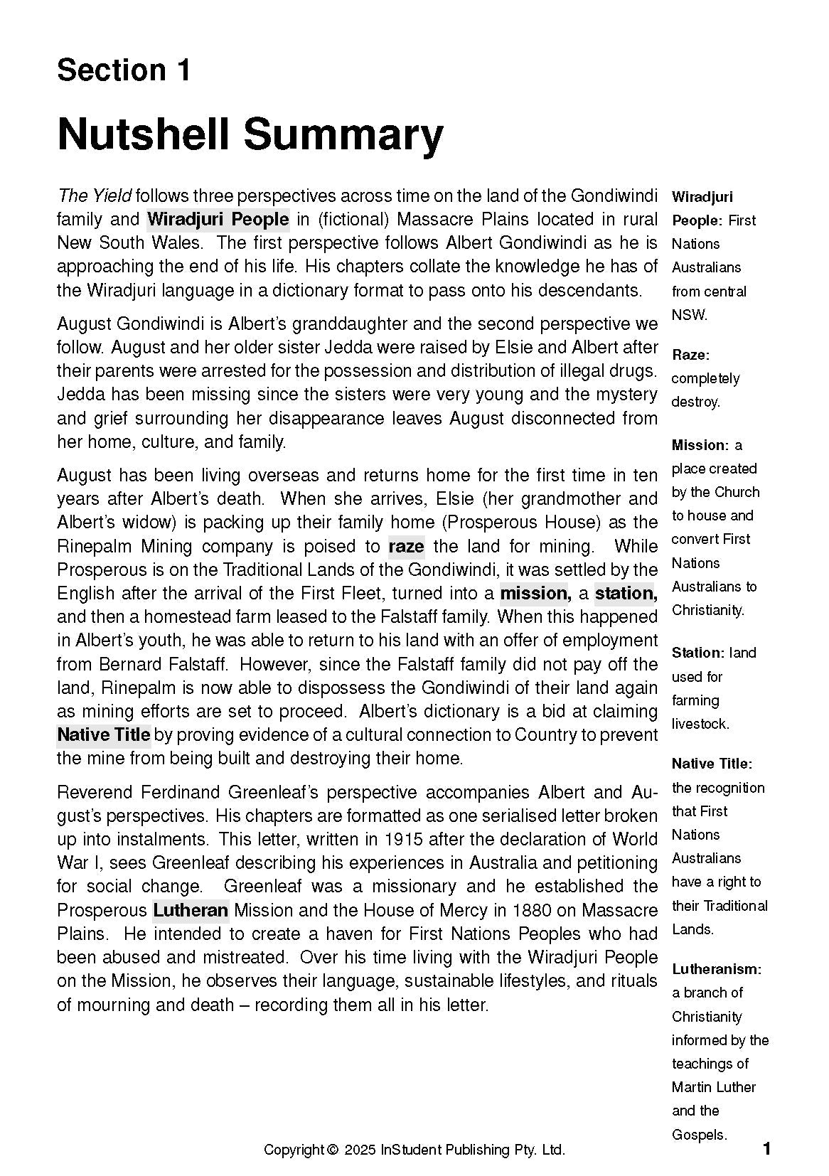 Text Guide showing 'Section 1 Nutshell Summary' with explanations on a white page.