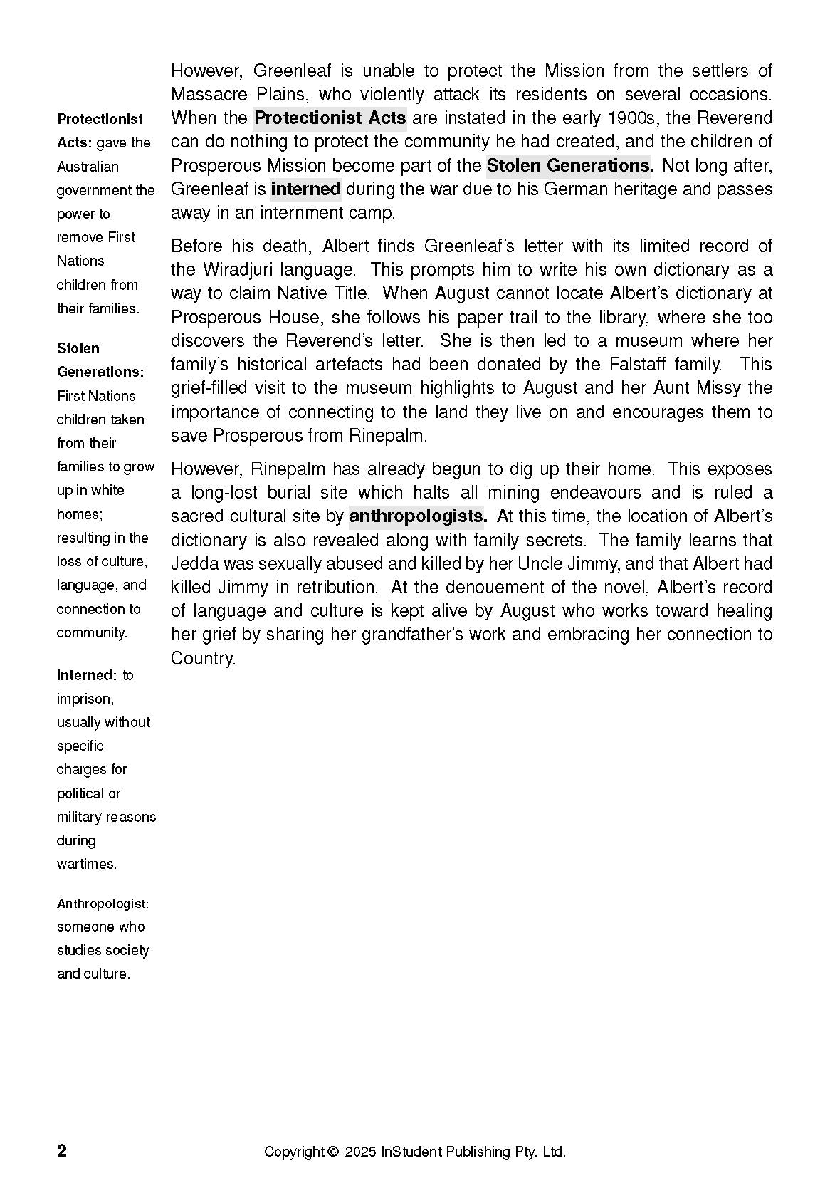 Text Guide printed page with black text and definitions, plus a story analysis on page 2.