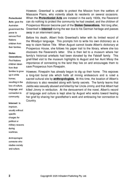Text Guide printed page with black text and definitions, plus a story analysis on page 2.