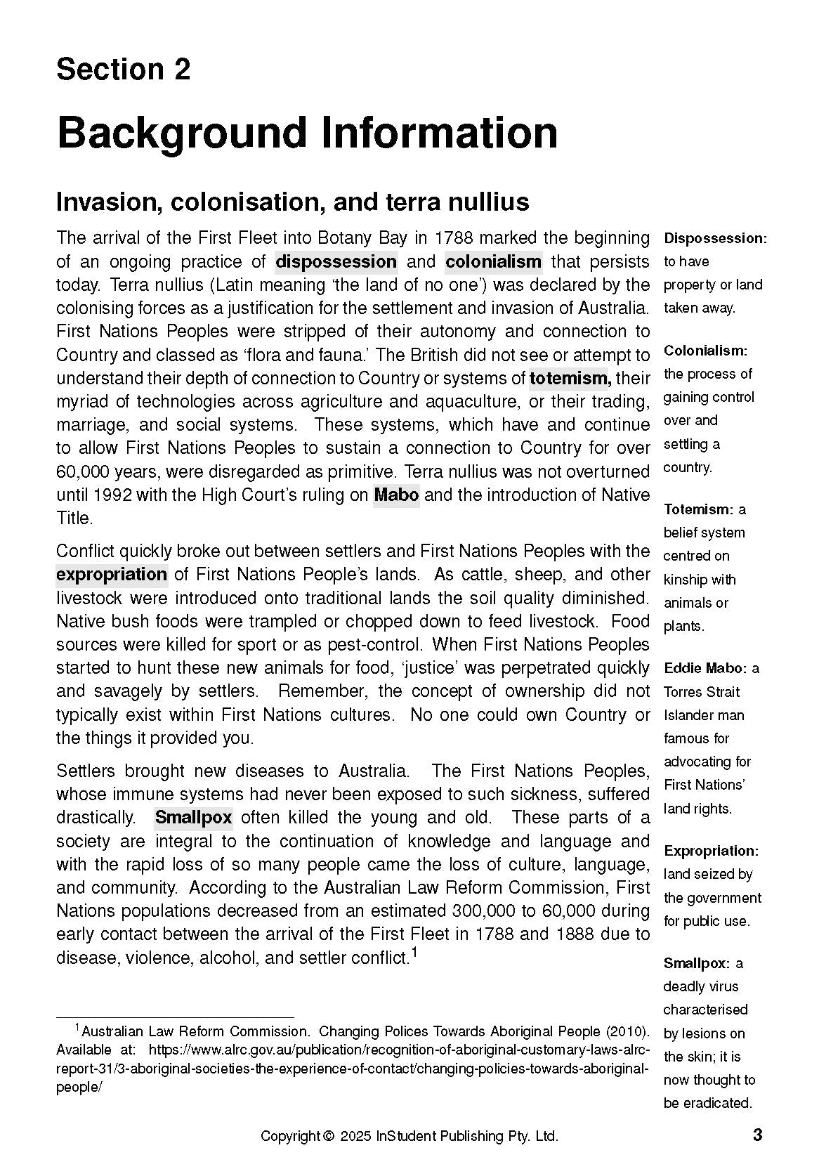 A text guide page titled "Section 2 Background Information" with text about colonization and defined terms.