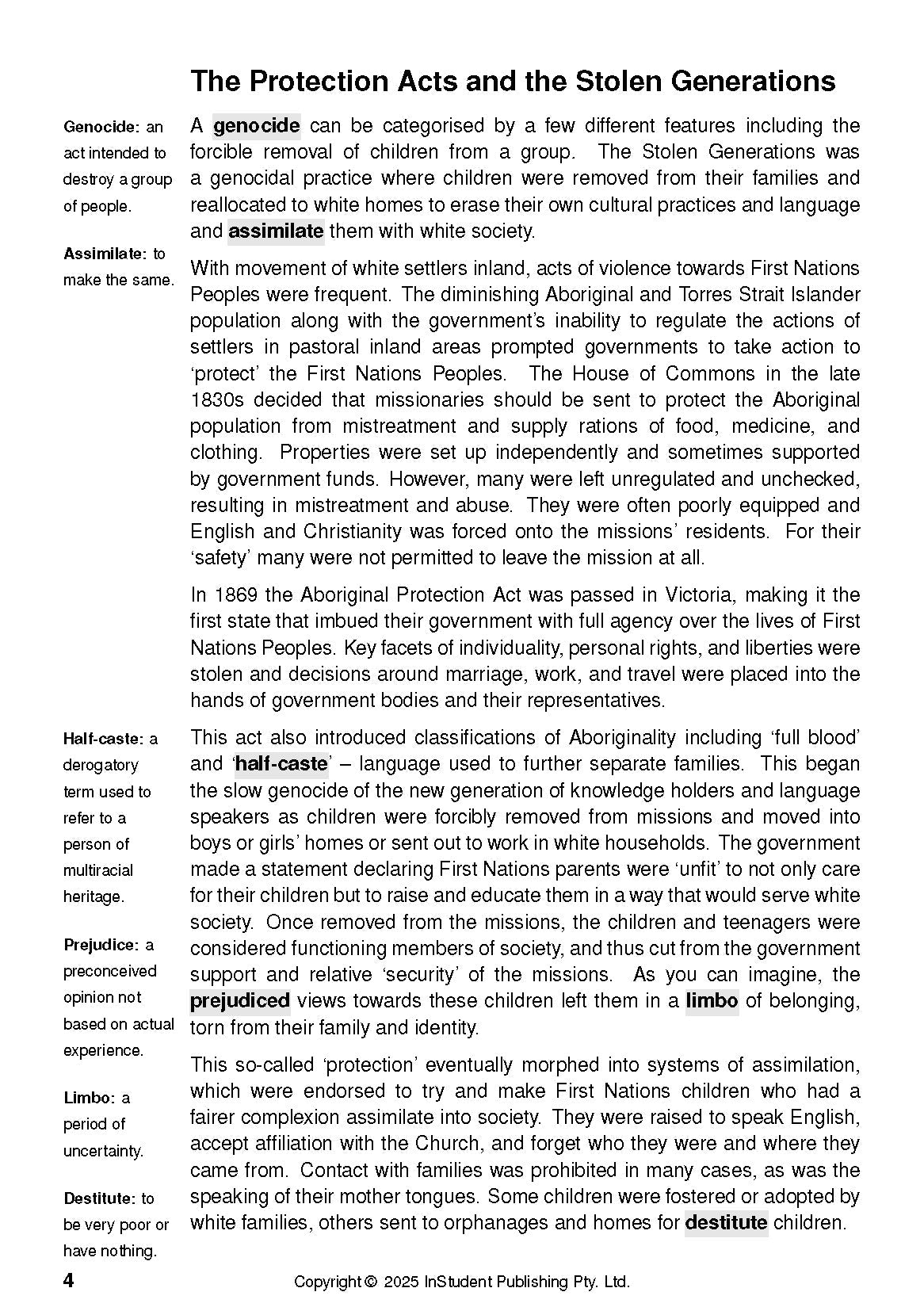 Text Guide The Yield by Tara June Winch page, with definitions and text titled 'The Protection Acts and the Stolen Generations'.