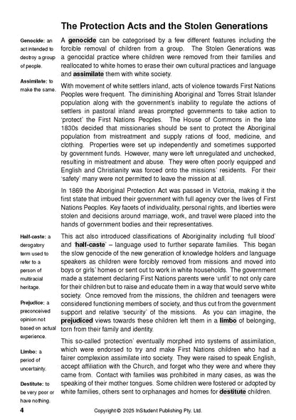 Text Guide The Yield by Tara June Winch page, with definitions and text titled 'The Protection Acts and the Stolen Generations'.