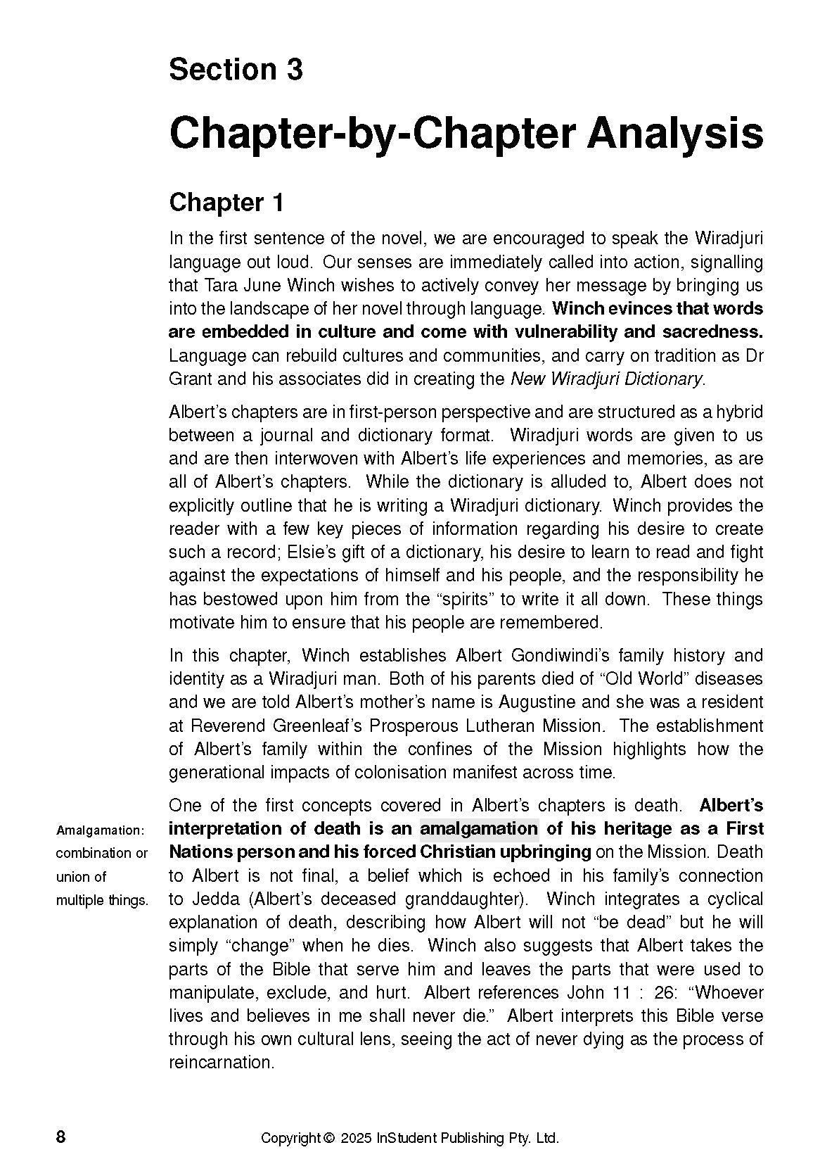 Text Guide for The Yield by InStudent Publishing Pty. Ltd., displaying a page with chapter analysis, detailed text, and a glossary definition.
