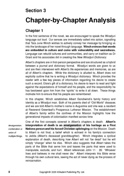 Text Guide for The Yield by InStudent Publishing Pty. Ltd., displaying a page with chapter analysis, detailed text, and a glossary definition.