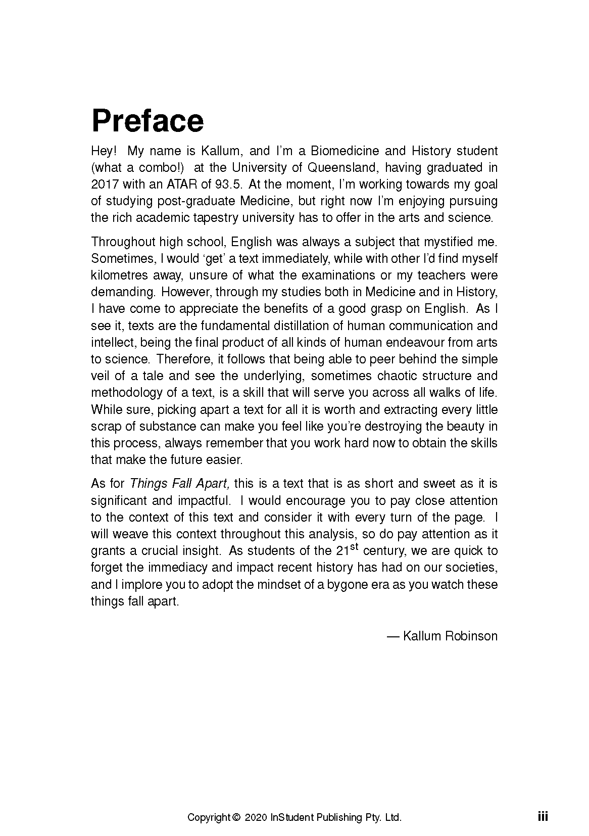 Text Guide by InStudent Publishing featuring a 'Preface' with black text on a white page, signed Kallum Robinson.