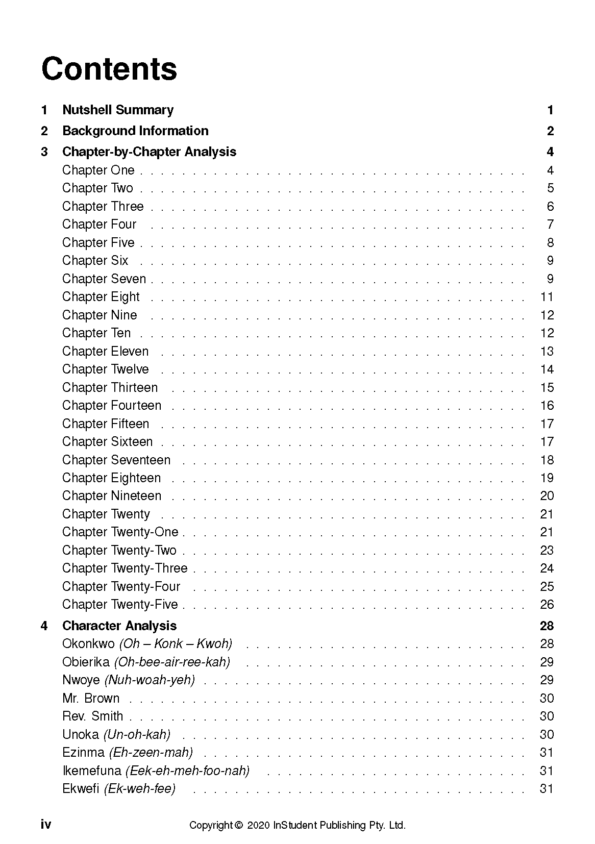 Text guide for "Things Fall Apart" by InStudent Publishing Pty. Ltd., displaying its table of contents with chapter and character analysis sections.