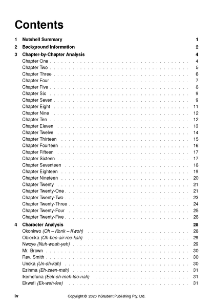 Text guide for "Things Fall Apart" by InStudent Publishing Pty. Ltd., displaying its table of contents with chapter and character analysis sections.