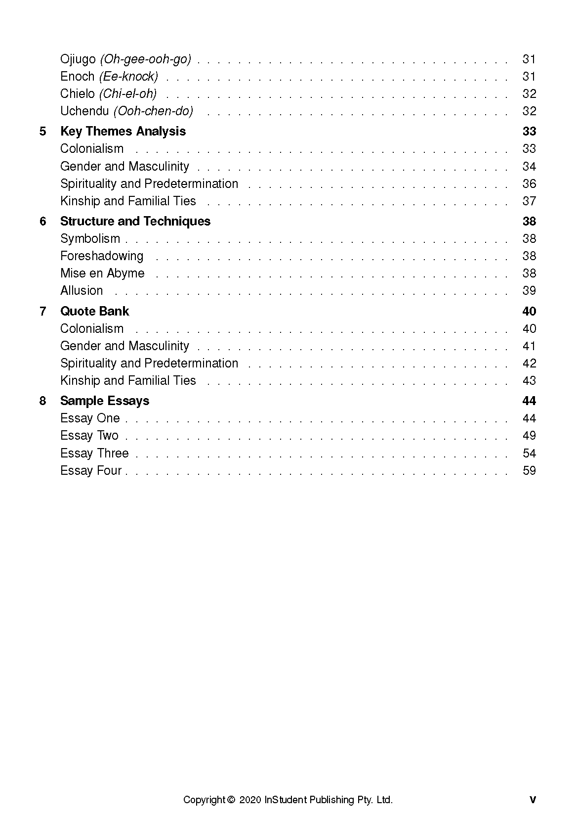 Text guide page featuring a table of contents with topics like 'Key Themes Analysis' and 'Sample Essays' and their page numbers.