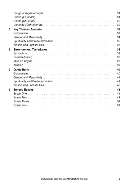 Text guide page featuring a table of contents with topics like 'Key Themes Analysis' and 'Sample Essays' and their page numbers.