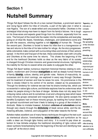 Text Guide page featuring a 'Nutshell Summary' for Chinua Achebe's Things Fall Apart and literary term definitions.
