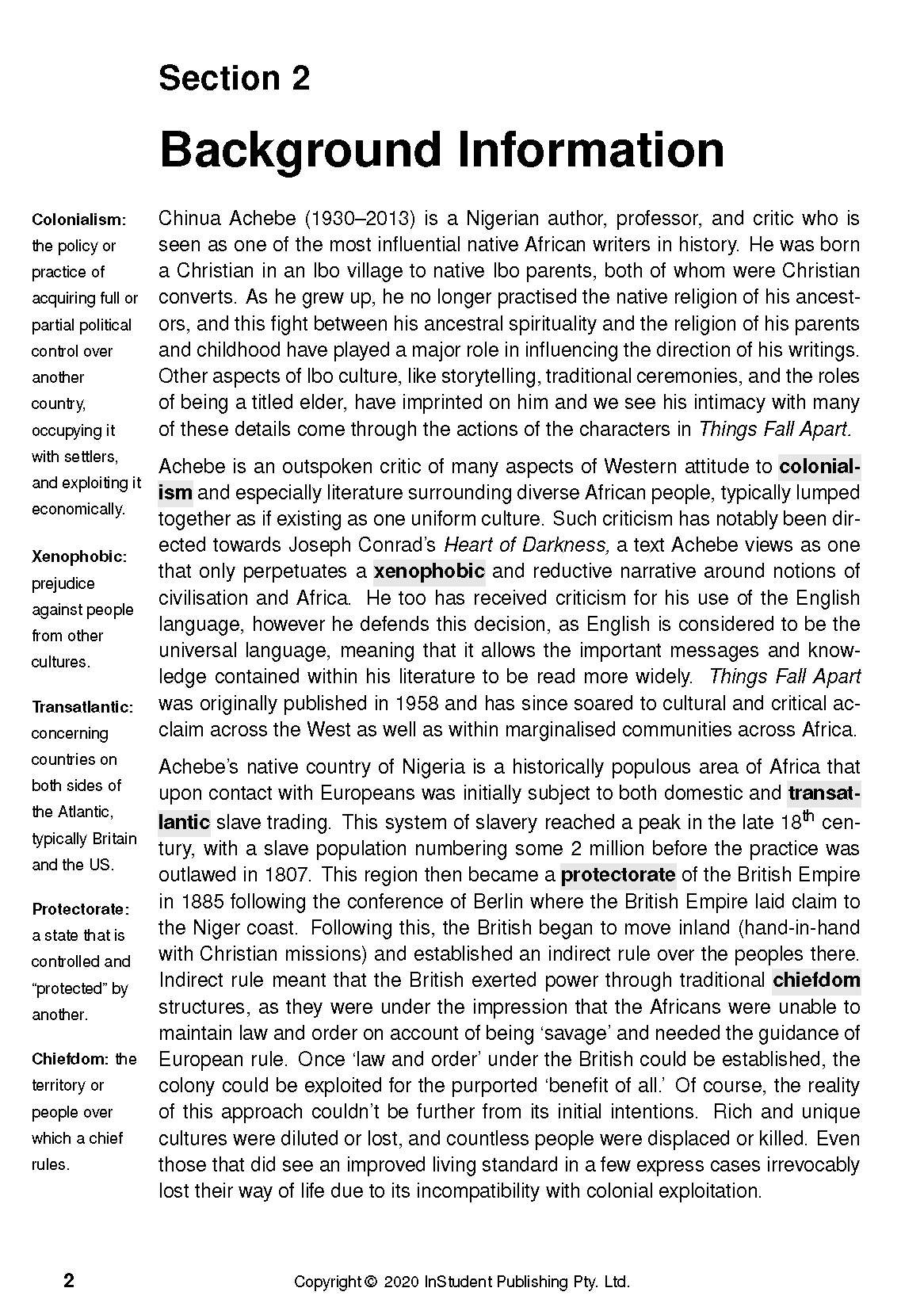 Page from a Text Guide with definitions and background information for 'Things Fall Apart'.