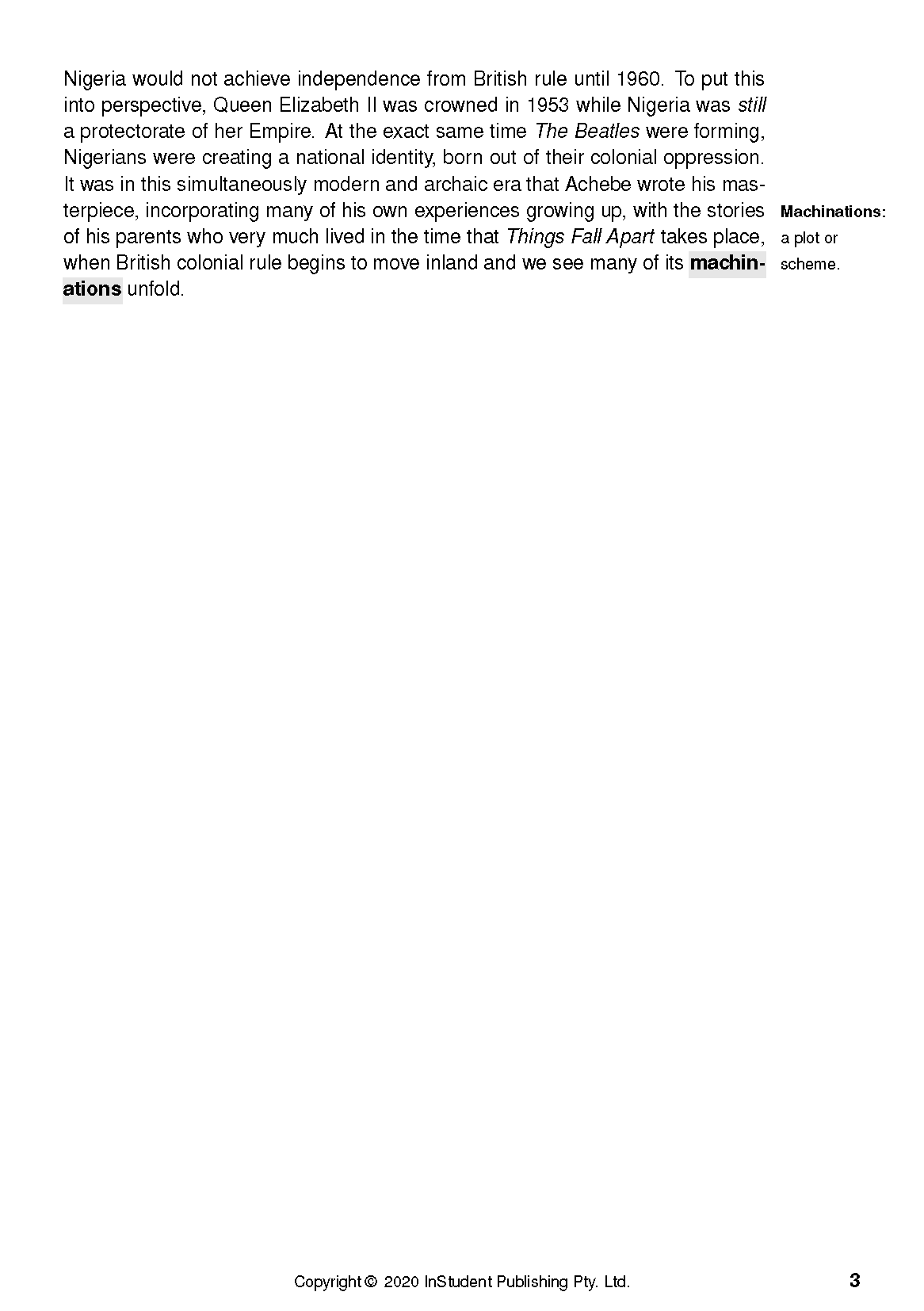Text Guide page for Things Fall Apart by Chinua Achebe, featuring black text, bold words, and a page number on a white background.