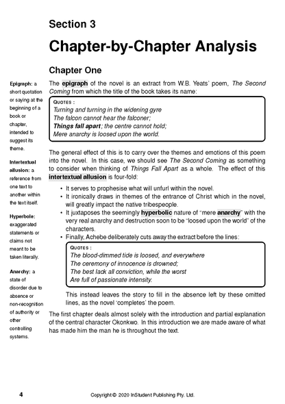 White Text Guide page for Things Fall Apart, showing 'Section 3 Chapter-by-Chapter Analysis' with definitions and quotes.