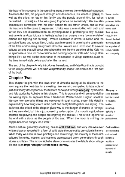 Text guide page with black text on a white background, featuring analysis of Chinua Achebe's Things Fall Apart and key definitions.