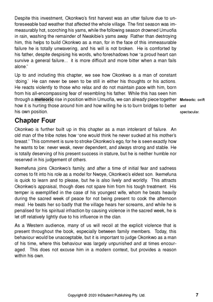 Text guide page for Things Fall Apart by Chinua Achebe, with black text on a white background, featuring "Chapter Four" and a definition for "Meteoric".