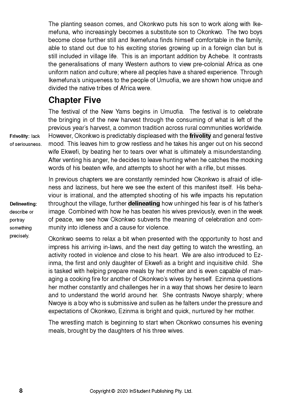 Text Guide page displaying English text from Chapter Five with marginal definitions for Frivolity and Delineating, and page number 8.