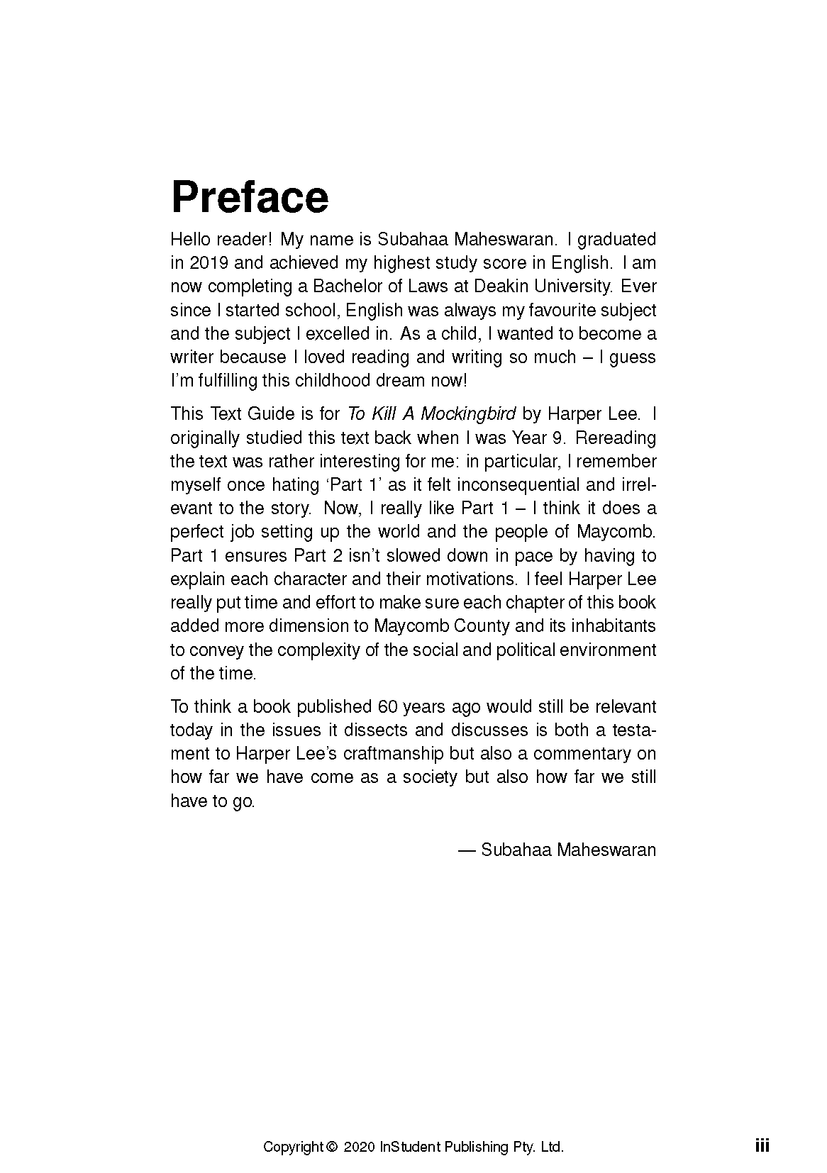 Text Guide to To Kill A Mockingbird by Harper Lee, showing the "Preface" section on a white page with black text.