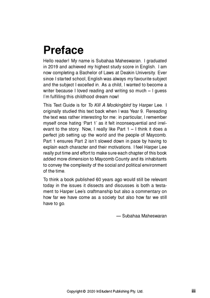 Text Guide to To Kill A Mockingbird by Harper Lee, showing the "Preface" section on a white page with black text.