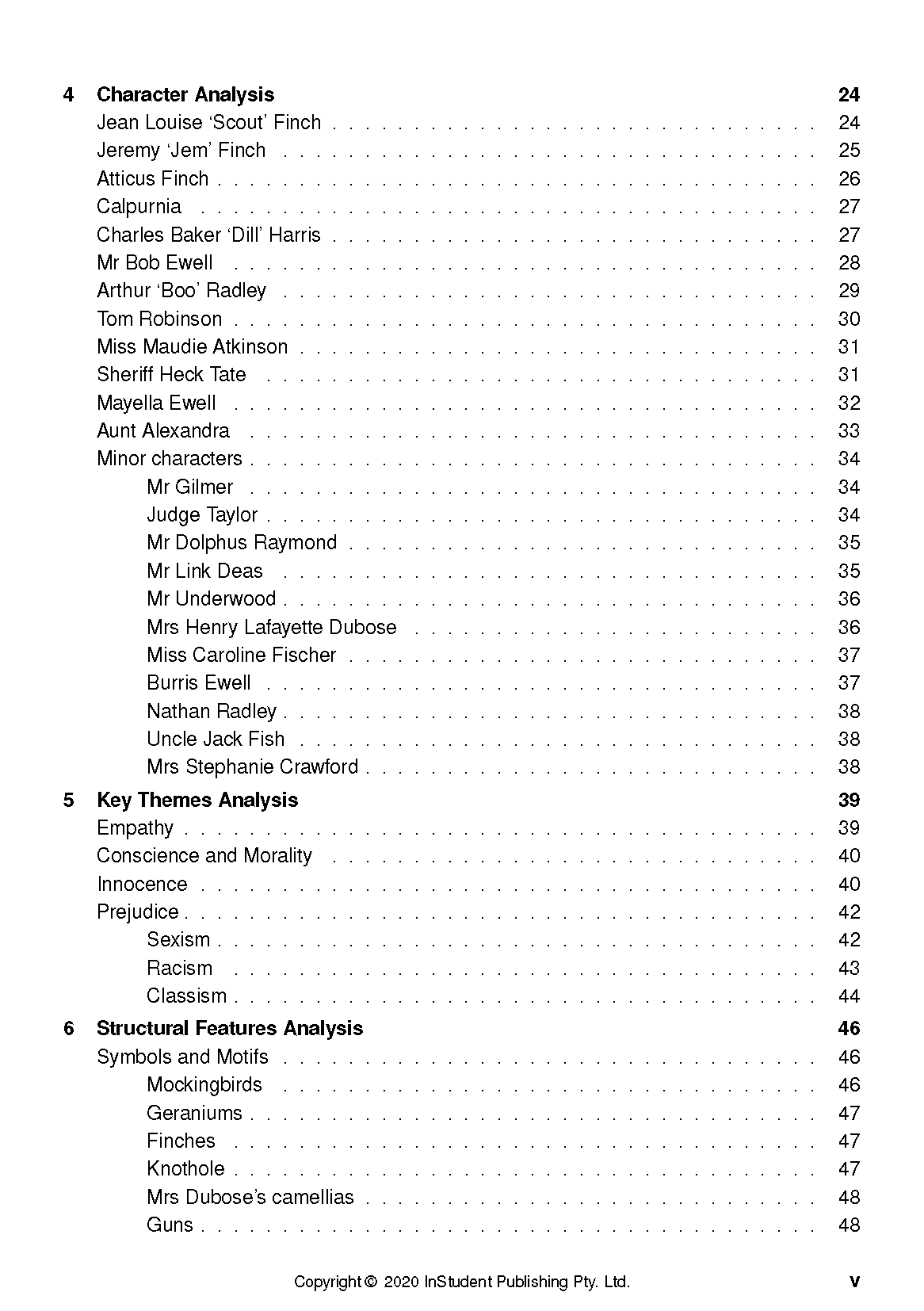 Text guide by InStudent Publishing, showing a detailed table of contents for 'To Kill a Mockingbird'.