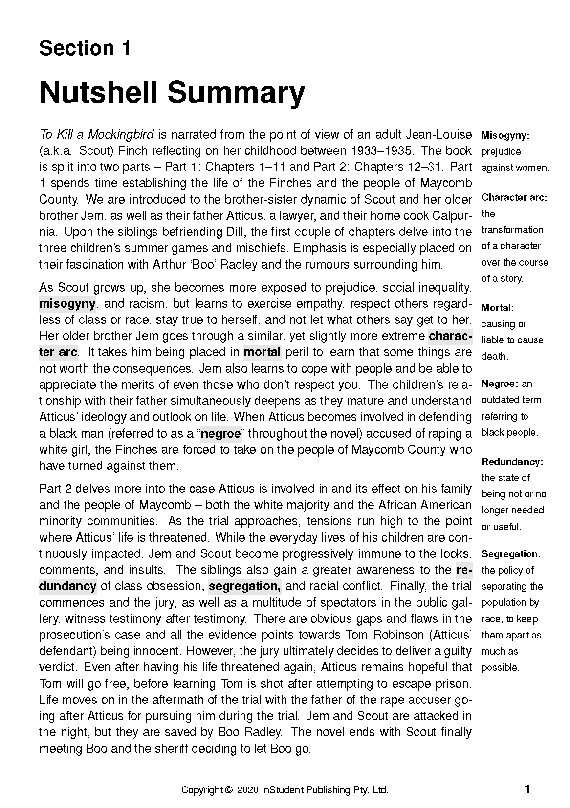 White text guide page with 'Section 1 Nutshell Summary' and definitions for 'To Kill A Mockingbird'.