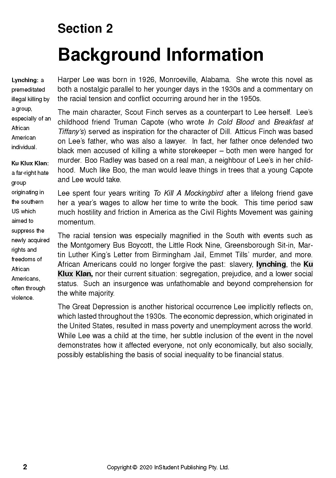 White text guide page by InStudent Publishing, displaying 'Section 2 Background Information' and definitions for Harper Lee's 'To Kill A Mockingbird'.