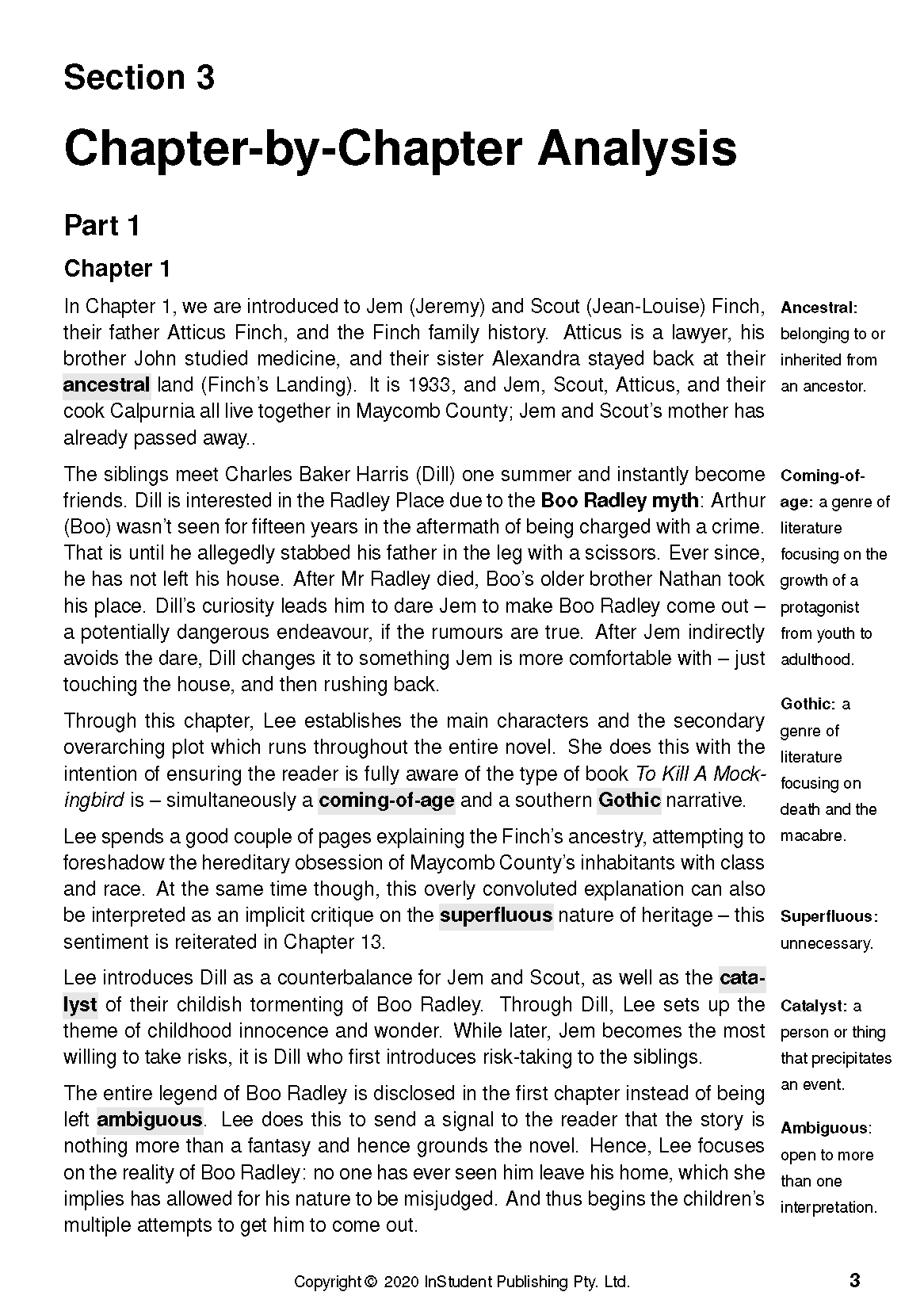 Text Guide about To Kill A Mockingbird by Harper Lee, displaying a page with chapter analysis, bolded keywords, and definitions.