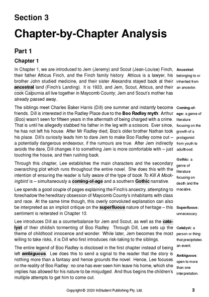 Text Guide about To Kill A Mockingbird by Harper Lee, displaying a page with chapter analysis, bolded keywords, and definitions.