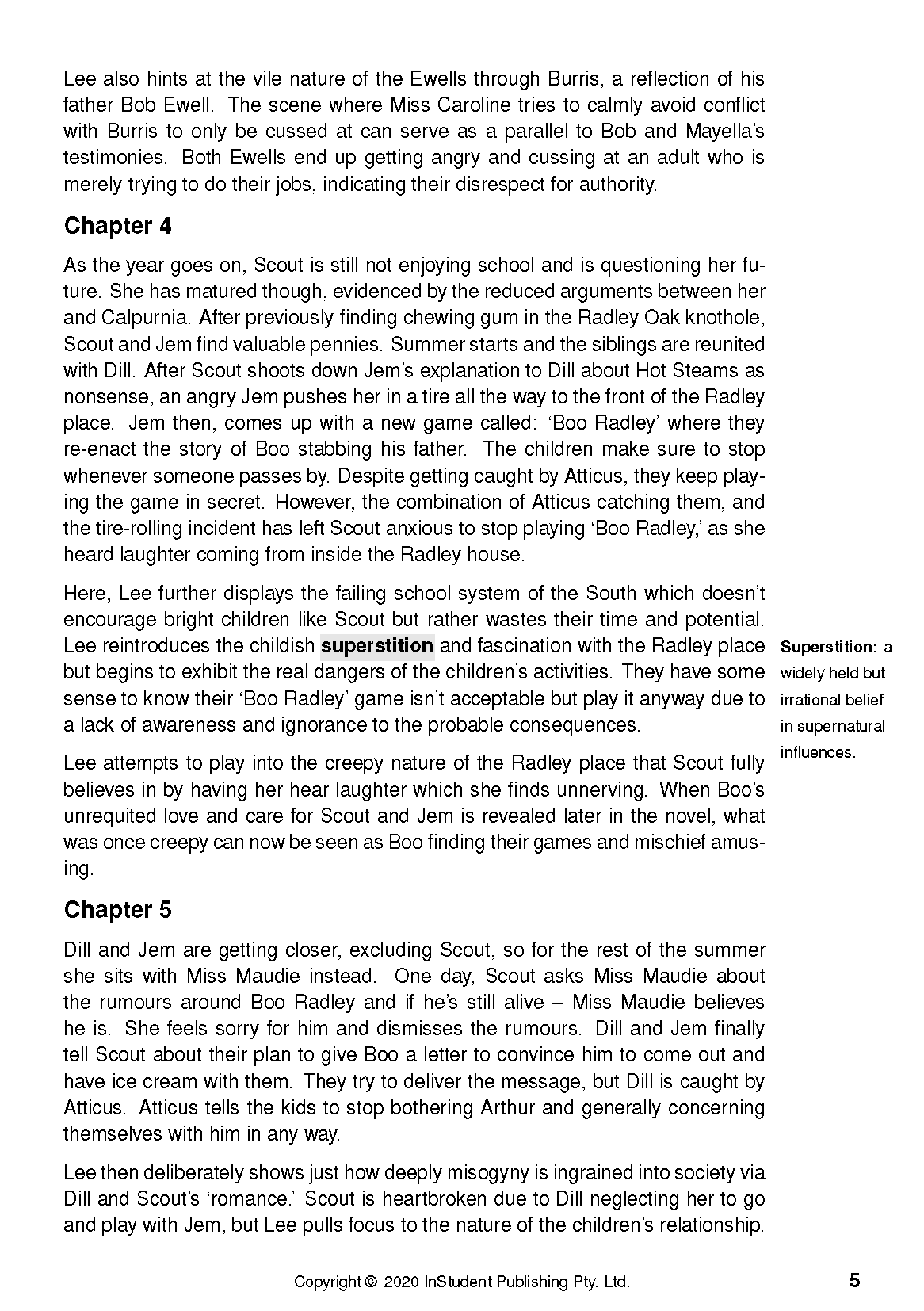 Text Guide by InStudent Publishing Pty. Ltd. with black text on a white page explaining chapters 4 and 5 of To Kill a Mockingbird and defining superstition.