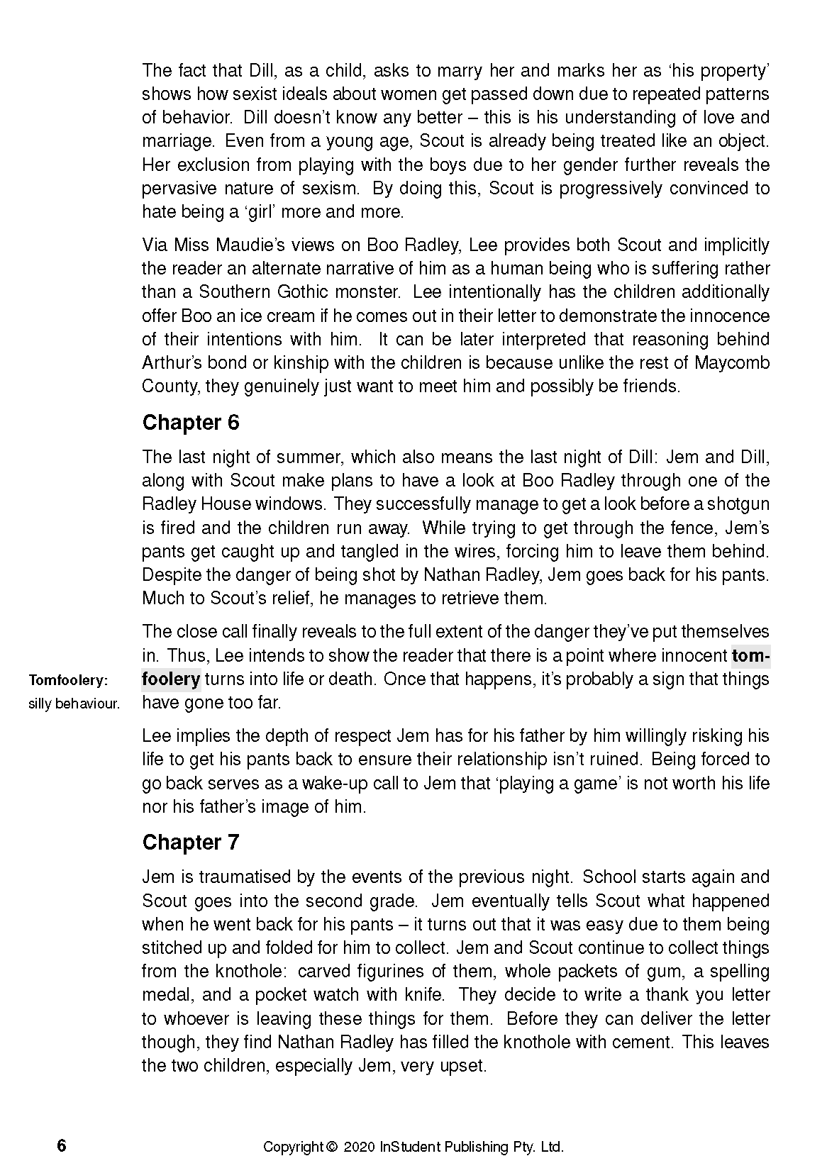 Text guide page for To Kill a Mockingbird by InStudent Publishing Pty. Ltd., displaying Chapters 6 and 7 content.