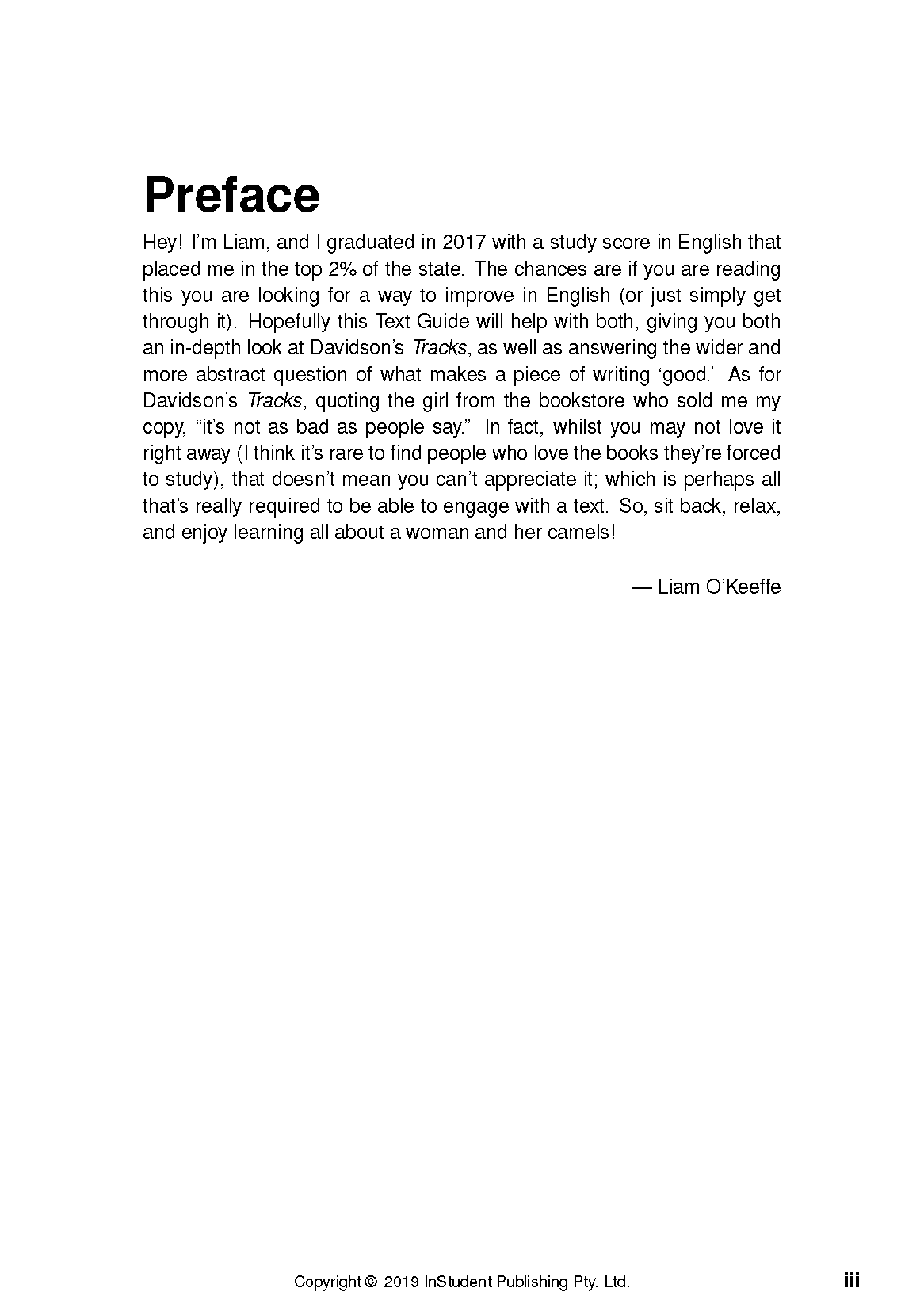 Text Guide page for Tracks by Robyn Davidson, showing the 'Preface' and introductory text.