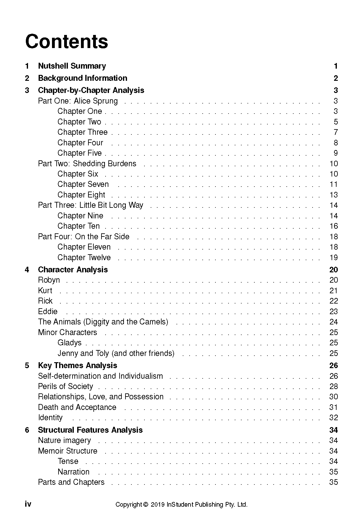 Text Guide contents page detailing sections like "Nutshell Summary" and "Character Analysis" with corresponding page numbers.
