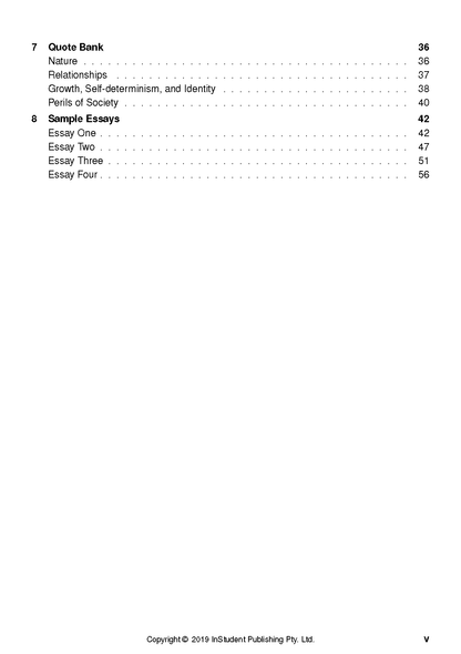 Text Guide page displaying a table of contents with "Quote Bank" and "Sample Essays" sections.
