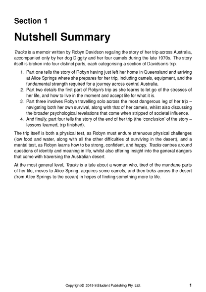 Text Guide page by InStudent Publishing Pty. Ltd. displaying a Nutshell Summary for the book Tracks by Robyn Davidson.