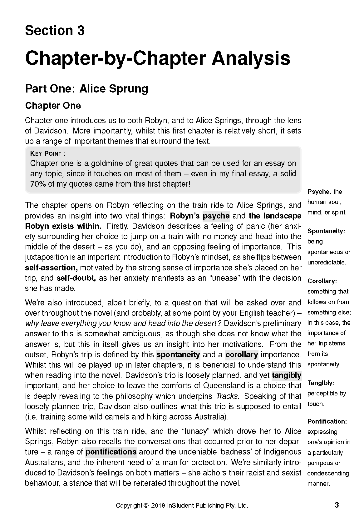 A page from a Text Guide for Tracks by Robyn Davidson showing chapter analysis, key points, and margin definitions.