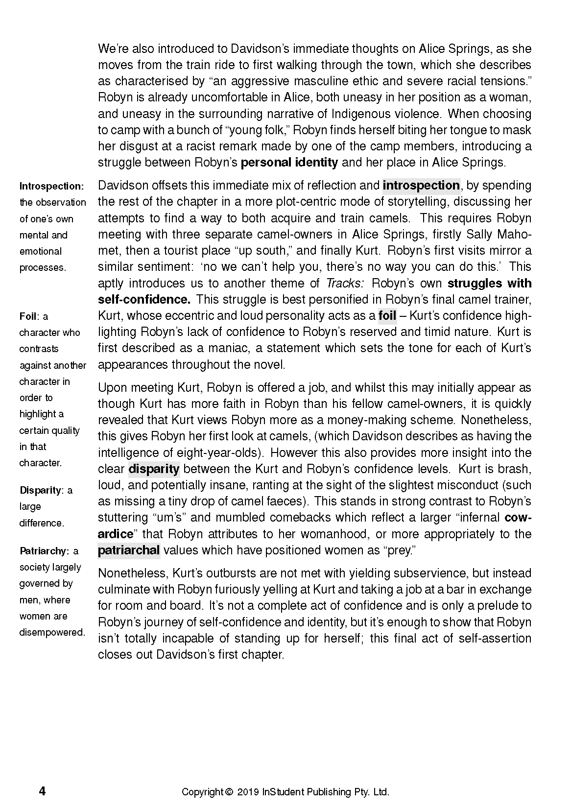 White text guide page about Tracks by Robyn Davidson from InStudent Publishing Pty. Ltd. displaying analysis text with bolded terms and definitions.