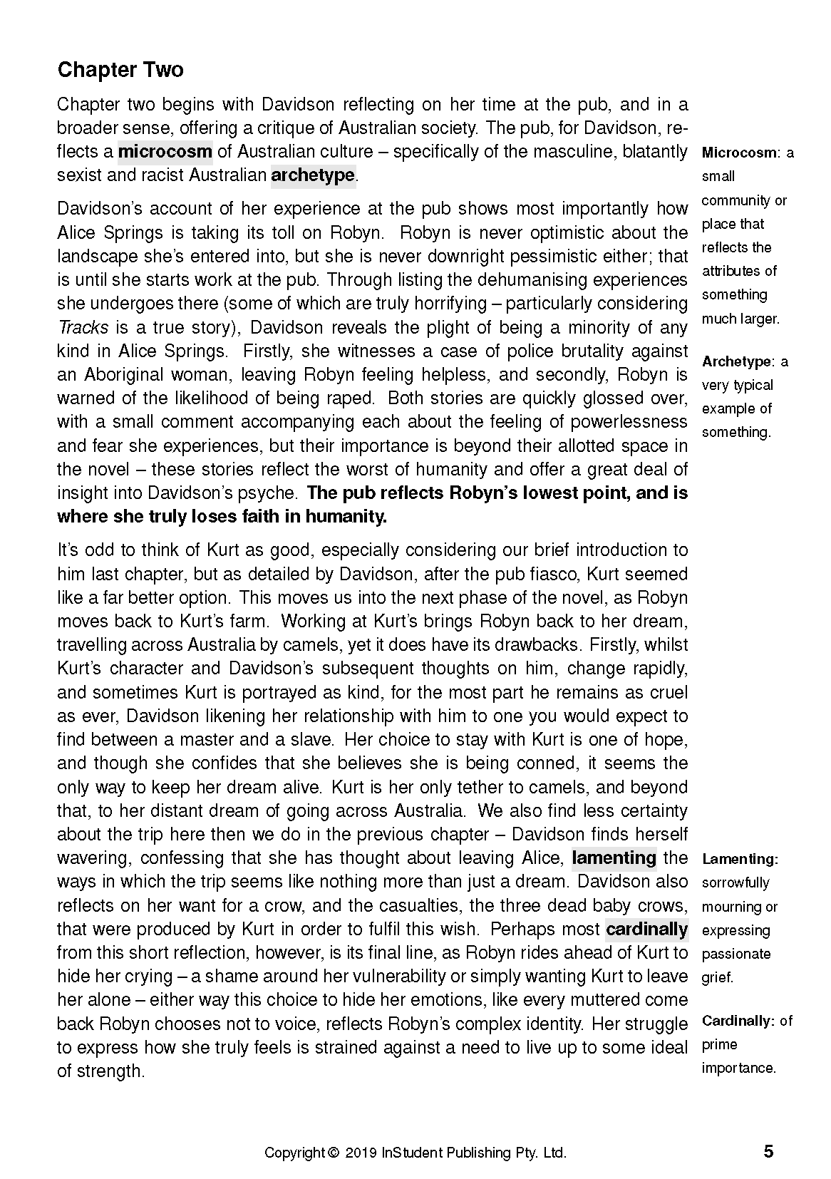 Study guide page for Tracks by Robyn Davidson, displaying Chapter Two text with highlighted concepts and marginal definitions.