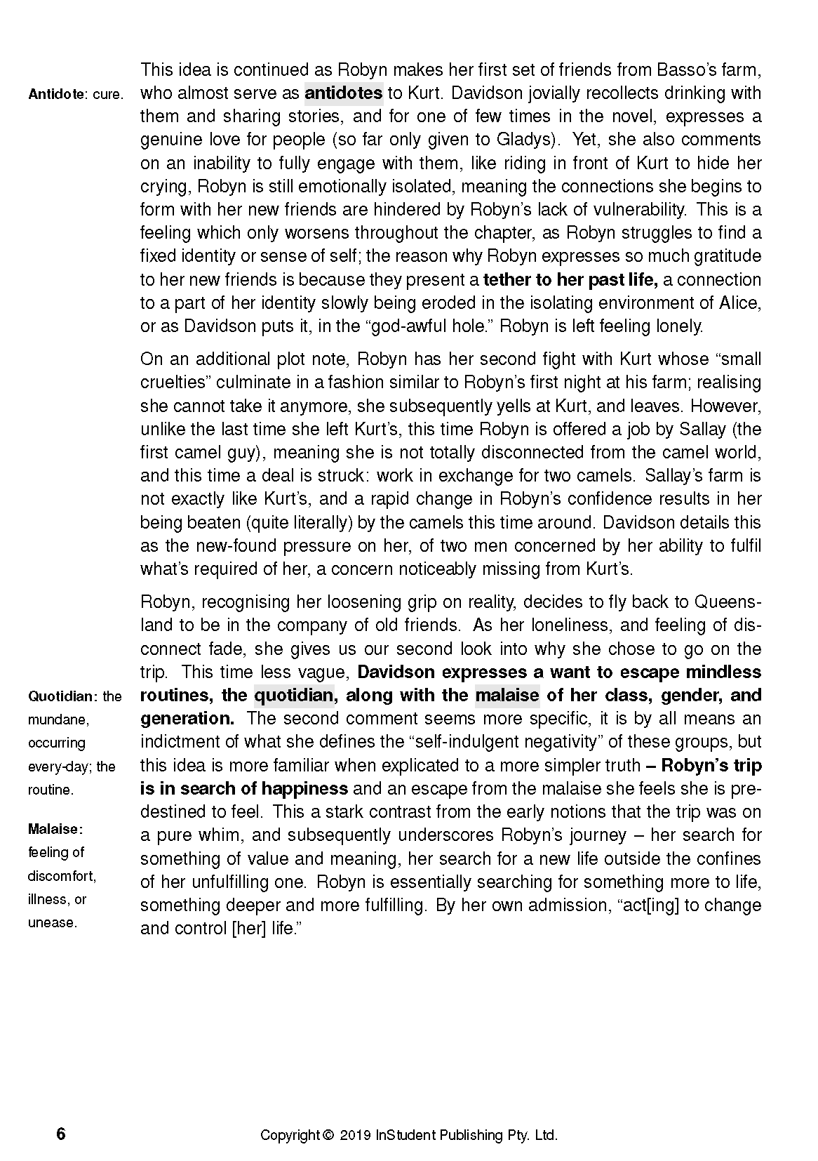 Text Guide for 'Tracks by Robyn Davidson', a white page with black text, definitions, and analytical sections.