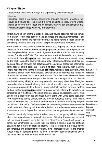 Text Guide titled "Tracks by Robyn Davidson," showing a white page with black text, a "KEY POINT" box, and margin definitions.