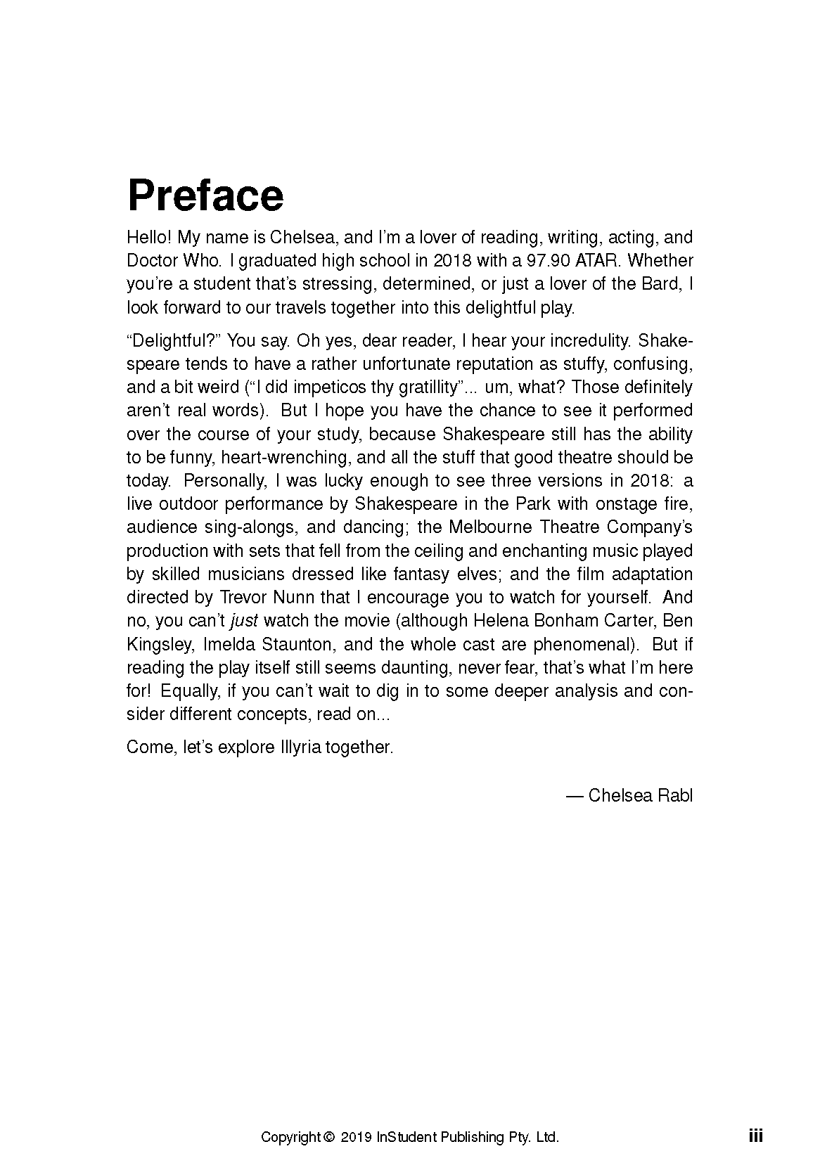 Full page of a Text Guide with black text on white, titled 'Preface', signed by Chelsea Rabl, with copyright details.